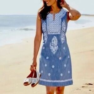 Roller Rabbit Chambray Floral Embroidered Boho Summer Beach Sheath Dress